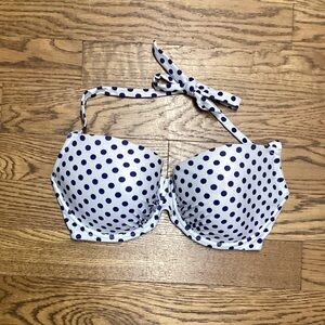 Wolf & Whistle halter bikini top Navy on white polka dots. 36F